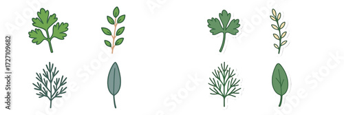 Variety of fresh herbs illustrated in vibrant green colors with simple designs on a white background