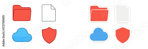 Colorful icons representing digital folders, documents, clouds, and shields on a light background for user interface design
