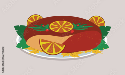 Autumn composition of ready-made turkey and foliage. Imagine a ready-made turkey with lemon with colorful autumn leaves