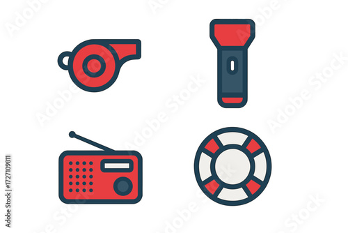 Sporting equipment for outdoor activities including a whistle, flashlight, radio, and life preserver