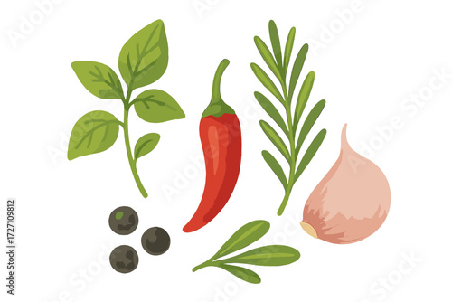 Fresh herbs, spices, and vegetables for flavorful cooking in a vibrant kitchen setting