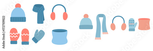 Winter accessories collection featuring hats, scarves, gloves, and earmuffs in soft blue and pink colors for cold weather