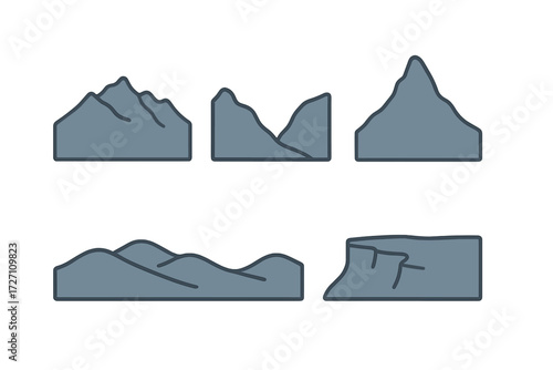 Vector illustrations of various mountain designs showcasing different shapes and contours