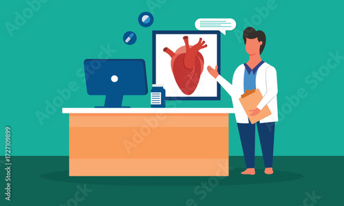 Cardiology consultation concept. Male Doctor Characters with Drugs and Equipment at Huge Human Heart Measure Pulse