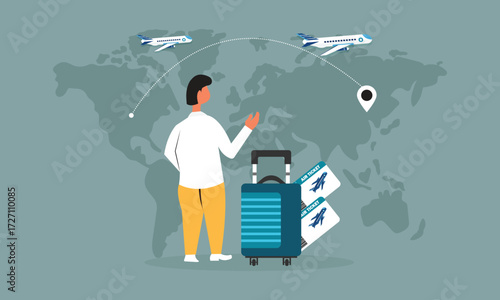 A businessman with suitcases standing in front of a world map with location pins and airplanes
