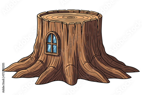 A whimsical tree stump house with a window, showcasing natures charm and inviting imagination, isolated on white background a cozy dwelling in the woods vector