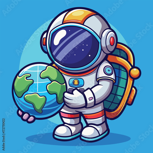 This delightful cartoon depicts a friendly astronaut tenderly holding the planet Earth, showcasing a playful and imaginative view of space exploration and our home world.