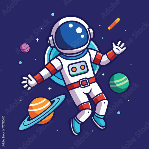 A playful astronaut drifts through the vastness of space, accompanied by colorful planets, a comet, and sparkling stars, inviting wonder and exploration.