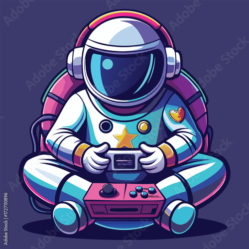 A cool astronaut wearing headphones is seated and intently playing a video game. The vibrant colors and futuristic design make this a captivating image for gaming enthusiasts.