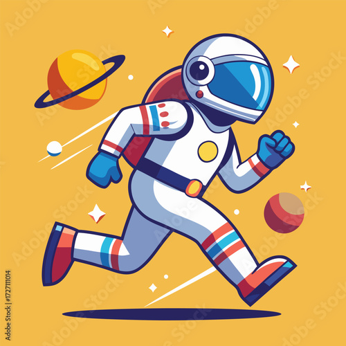 Whimsical cartoon astronaut running