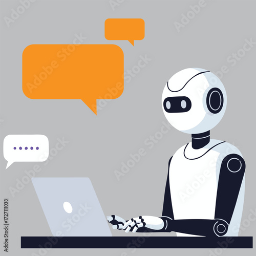 Robot using laptop with speech bubbles, artificial intelligence and communication
