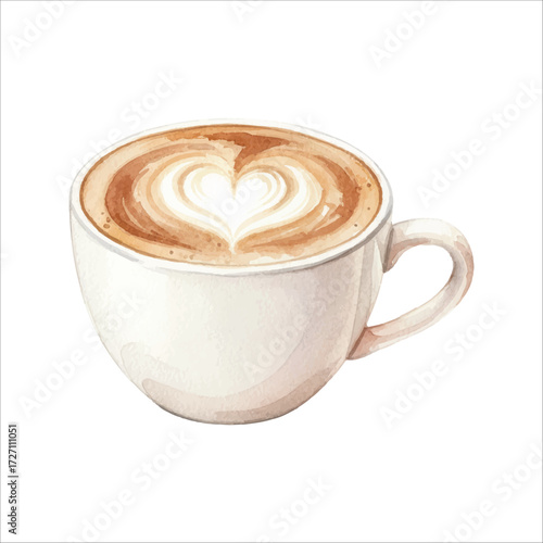 Watercolor Cappuccino Cup with Latte Art Vector Illustration Isolated on White Background, Hot Coffee Drink Clipart for Café, Menu, and Beverage Design