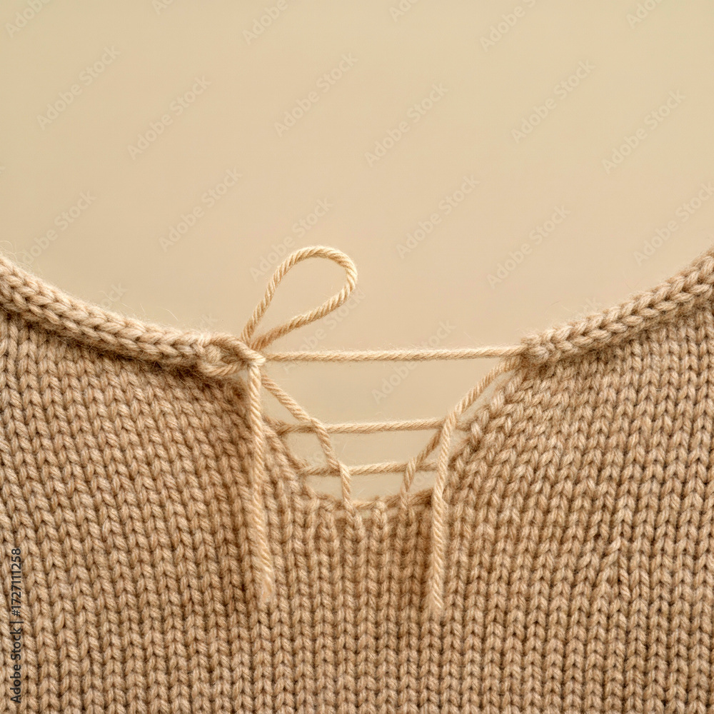 Obraz premium Close-up of a knitted beige sweater with a lace-up neckline, creating a cozy and warm feel, perfect for winter fashion and textile textures, showcasing detailed craftsmanship and design .