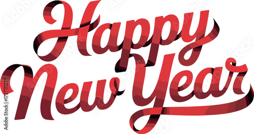 Festive happy new year wishes in red ribbon lettering against a black backdrop creating a celebratory mood for holiday greetings and seasonal designs for cards and banners and social media posts