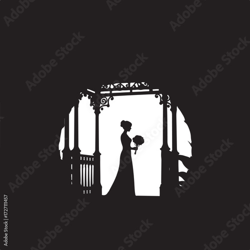Silhouette bride holding bouquet in ornate gazebo wedding