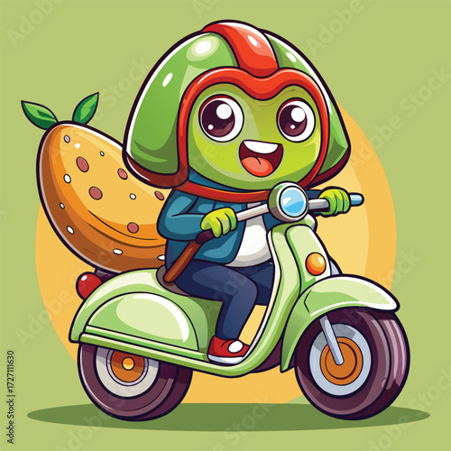 An adorable cartoon character with big eyes, wearing a helmet and jacket, joyfully rides a light green scooter. A large, textured fruit is strapped to the back.
