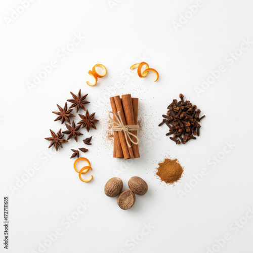 Festive spices assortment including cinnamon sticks, star anise, cloves, nutmeg, and orange peel, artistically arranged on a white background .