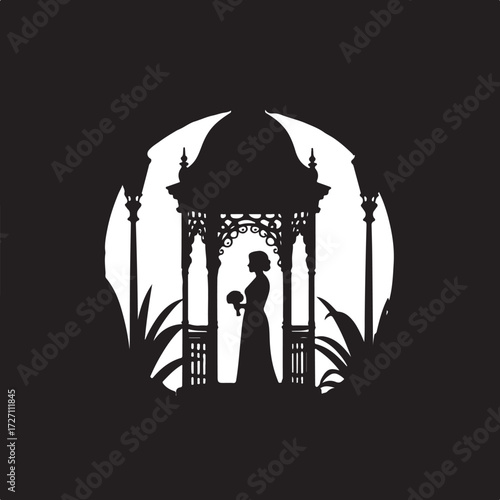 Silhouette bride holding bouquet in ornate gazebo wedding