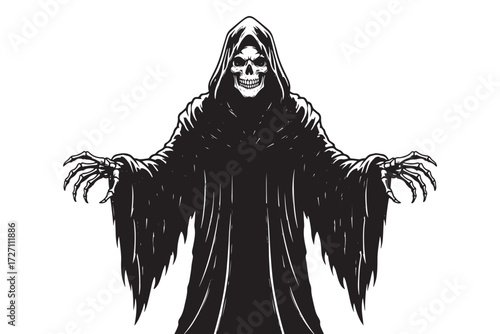 A menacing grim reaper with outstretched hands isolated on white background, cloaked in darkness, embodying death and the supernatural, pixelated art style vector