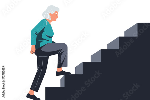 Elderly woman climbing stairs isolated on white background, representing fitness, determination, and healthy aging, showcasing an active lifestyle vector