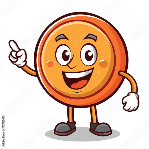 Smiling coin character pointing at something — cartoon vector illustration