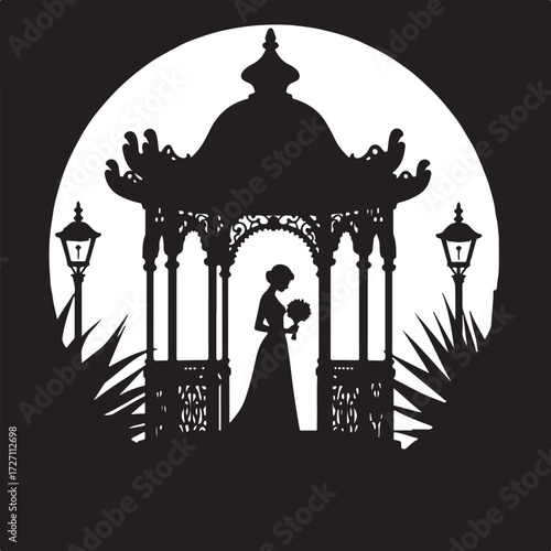 Silhouette bride holding bouquet in ornate gazebo with lampposts