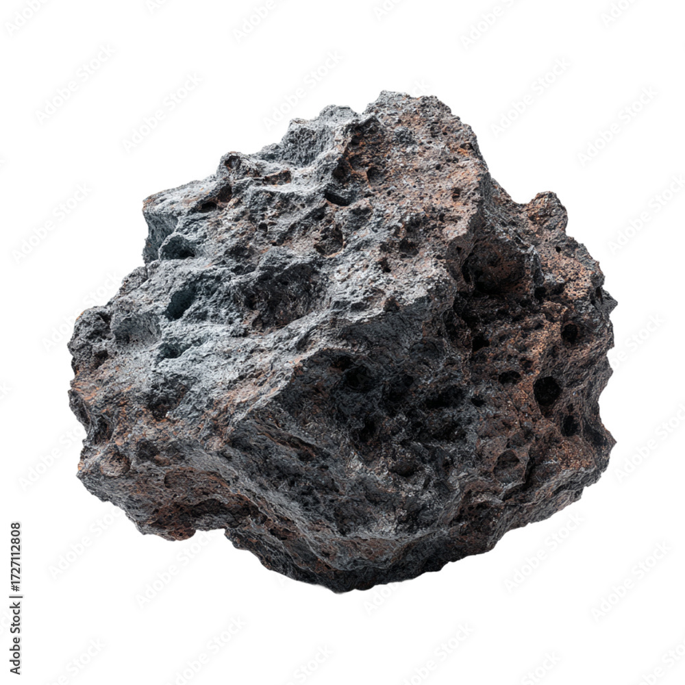 Fototapeta premium Raw natural volcanic lava rock isolated on white background – rough textured stone, geological mineral specimen, igneous rock surface design.