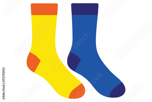 A pair of mismatched socks isolated on white background, one yellow with orange accents and the other blue with a darker blue top and heel vector