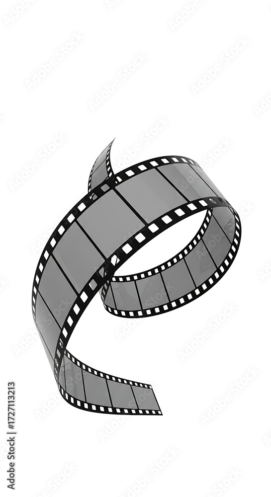 Fototapeta premium A close-up shot of a film reel unspooling in a spiral, captured in a white background studio with clean lighting