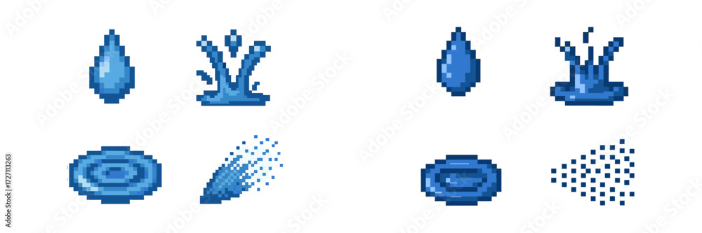 Fototapeta premium Various pixel art representations of water effects including drops and splashes in blue tones