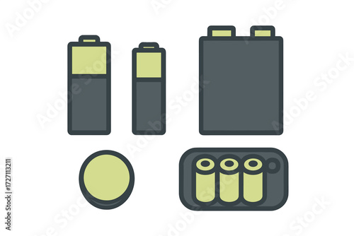 Various types of batteries arranged neatly on a plain background, showcasing different sizes and shapes