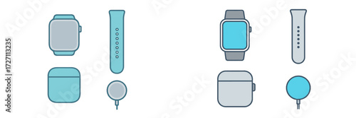 Various smartwatch designs and accessories displayed together in a simple layout for tech enthusiasts
