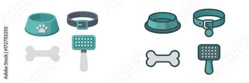 Colorful pet supplies set including bowls, collars, and toys for dogs and cats shown on a plain background