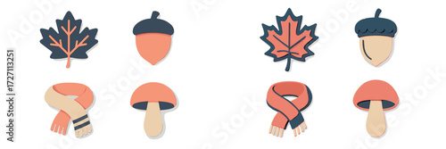 Colorful autumn-themed accessories including leaves, acorns, mushrooms, and scarves arranged neatly on a white background