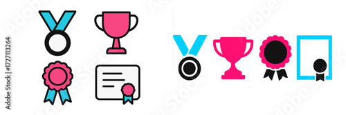 Bright and colorful icons of awards and achievements displayed on a light background