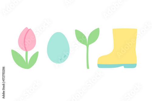 Colorful spring symbols with flowers, an egg, a sapling, and a rubber boot in a playful design