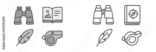 Tools for exploration and discovery including binoculars, guides, and writing materials for outdoor activities