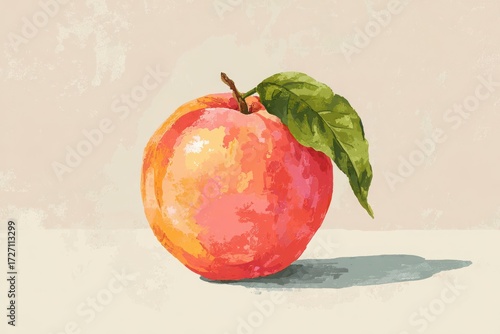 Watercolor peach fruit illustration with leaf on beige textured background in a hand-painted artistic style