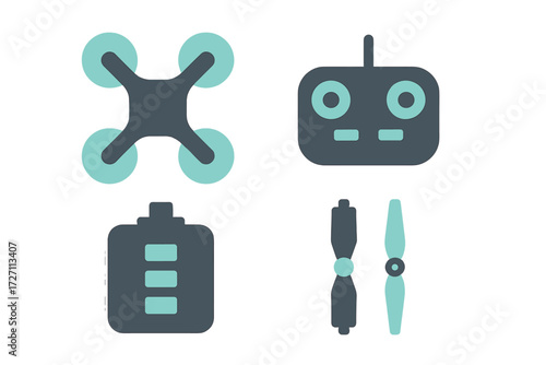 Drone components including remote control, battery, and propellers designed with a simple and modern style