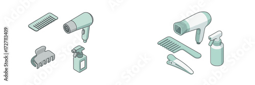 Hair styling tools and accessories arranged on a clean surface for personal grooming and beauty routines