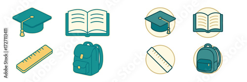Educational icons featuring graduation cap, book, backpack, and ruler for school-related themes