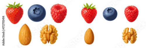 Colorful display of fresh fruits and nuts arranged neatly for a healthy snack or dessert option