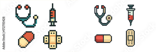 Colorful pixel art icons of medical tools and supplies arranged in a grid format displaying healthcare elements