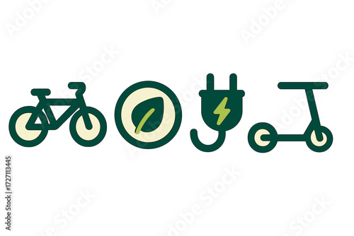 Icons representing sustainable transport options like bicycles and electric scooters for urban commuting