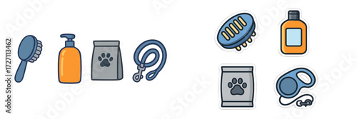 Pet grooming supplies including brush, shampoo, leash, and hair products for animal care and hygiene