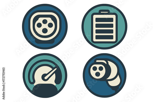 Icons representing electrical charging options for electric vehicles and battery indicators in a modern design