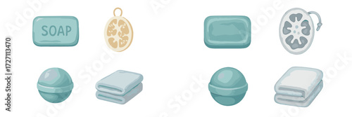 Assorted bathroom items including soap, towels, and bath products in soft colors