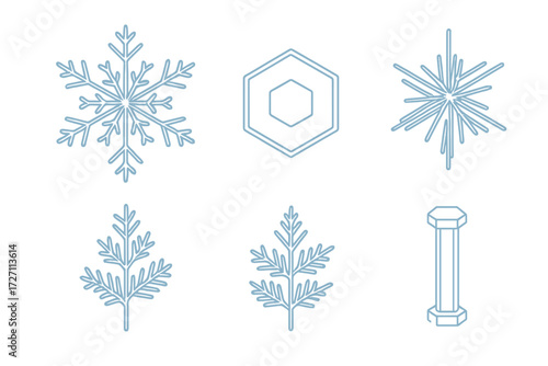 Winter themed line drawings of snowflakes, leaves, and a decorative pillar suitable for seasonal design projects