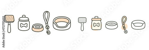 Dog grooming tools and supplies arranged in a neat row for pet care activity at home