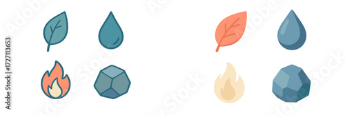 Symbols representing nature's fundamental elements: earth, water, fire, and air in a simple and colorful design